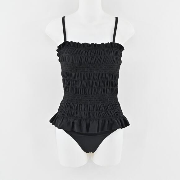 TORY BURCH Womens Costa Swimsuit Sz XS Black Smocked Convertible One Piece Retro - Picture 1 of 12
